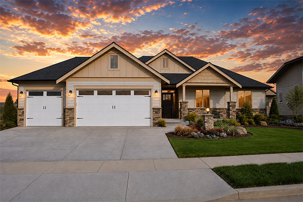 Modern craftsman-style custom home with a three-car garage, stone accents, and a manicured lawn under a vibrant sunset sky.