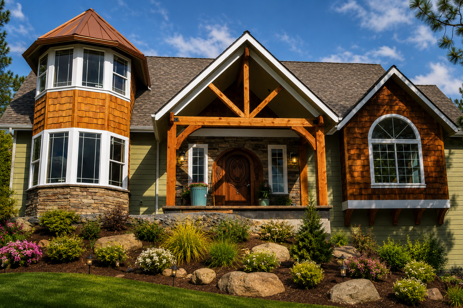 A custom craftsman-style home in North Idaho featuring a prominent wooden timber entryway, a circular turret with a copper roof, and lush, tiered front-yard landscaping.