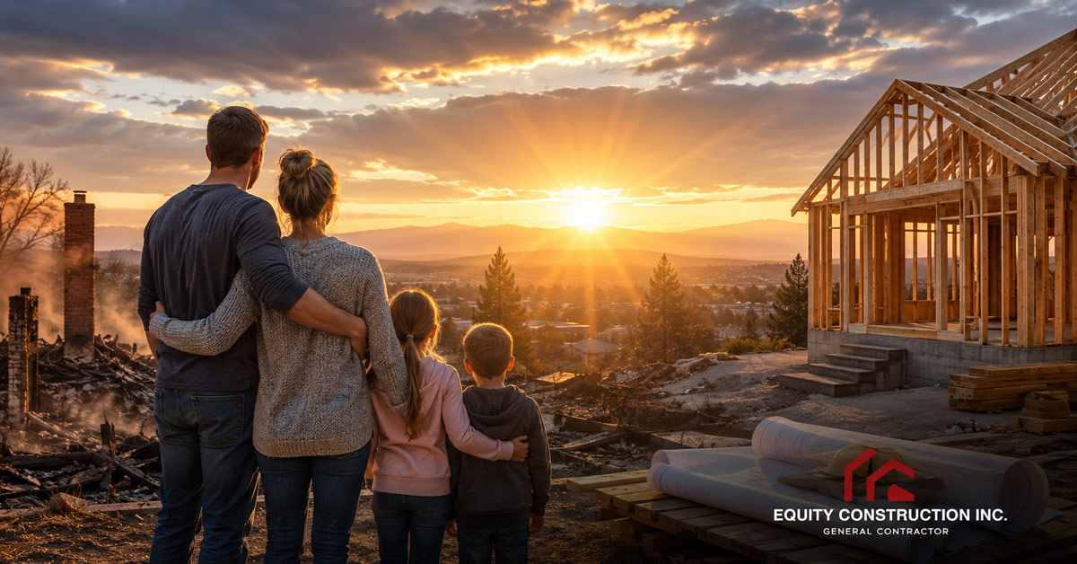 Family standing together looking at a newly framed wooden house under construction next to wildfire debris at sunset, with Equity Construction Inc. logo in the lower right.