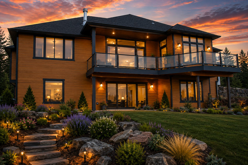 Modern two-story custom home with warm wood siding, a upper deck with glass railings, illuminated patio doors, and a landscaped backyard garden with illuminated stone steps at sunset.