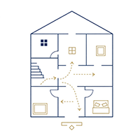 Blue and gold line-art icon of a house floor plan with dashed arrows indicating movement through various rooms and stairs.