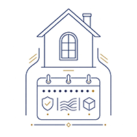 Blue and gold line-art icon featuring a house above a calendar with icons for security, documents, and delivery.