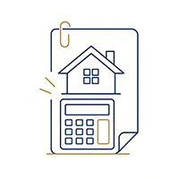 Blue and gold line-art icon of a document clip holding a paper with a house graphic and a calculator.