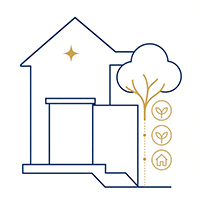 Blue and gold line-art icon of a house adjacent to a tree with circular badges showing growth and home icons.