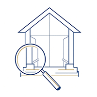Blue and gold line-art icon of a house exterior viewed through a magnifying glass.