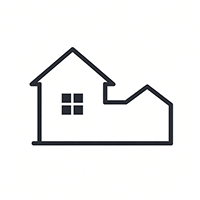 Minimalist dark outline icon of a house with an attached room addition or extension.