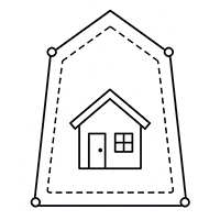 Black line-art icon of a small house centered inside a property boundary map outline with setback lines.