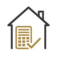 Dark gray and gold line-art icon of a house outline containing a calculator with a checkmark.
