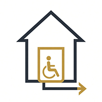 Dark gray and gold line-art icon of a house outline featuring a wheelchair accessibility symbol inside a doorway with a directional arrow below.