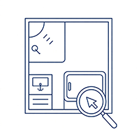 Blue line-art floor plan icon of a bathroom layout with a magnifying glass and cursor pointing to a fixture.