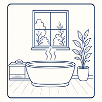 Blue line-art illustration of a freestanding bathtub emitting steam in front of a window, accompanied by a potted plant and side table.