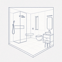 Blue line-art 3D isometric illustration of a modern bathroom featuring a walk-in glass shower, wall-hung toilet, vanity, and floating bench.