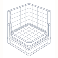 Blue line-art isometric cross-section diagram of a tiled shower pan and waterproofed base structure.