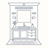 Blue line-art illustration of a bathroom vanity setup with a mirror, wall sconce lighting, sink, potted plant, and bath mat.