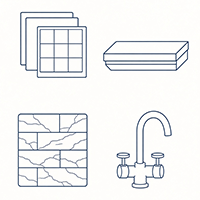 Blue line-art icon grid displaying material samples: wall tiles, molding, stone masonry, and a dual-handle faucet.