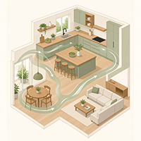 Isometric 3D floor plan illustration showing traffic flow arrows moving between an open-concept kitchen, dining table, and living room.