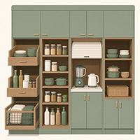 Sage green kitchen pantry wall storage unit featuring pull-out drawers, open shelving for jars and cookware, and an appliance station with a blender and electric kettle.