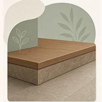 Close-up architectural illustration showing a layered wood countertop edge resting on a light stone base.