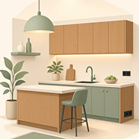 Modern kitchen corner featuring sage green lower cabinets, light wood upper cabinets, a kitchen island, and a green bar stool under a pendant light.
