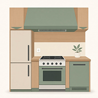 Compact kitchen wall setup featuring sage green upper cabinets and range hood, a stainless steel stove, wood-tone accent wall, and a light beige refrigerator.
