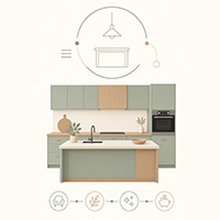 Sage green kitchen elevation layout featuring a center island, wall-mounted oven, diagrammed lighting overhead, and feature icons below.