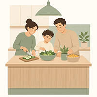 Illustration of a family preparing food together at a wooden kitchen island, with a child tossing a salad between two adults.