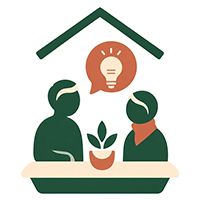Green and terracotta icon of two people sitting at a table with a small plant, underneath a roof outline, with a speech bubble featuring a lit light bulb above them.