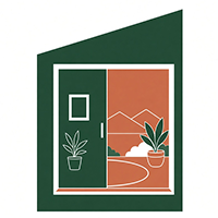 Green and terracotta icon of an open sliding glass door looking out toward a patio with potted plants and distant mountain outline.