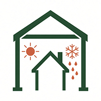 Green and terracotta icon of a house outline containing a smaller house surrounded by sun, snowflake, and raindrop symbols representing weather conditions.