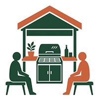 Green and terracotta icon of two people sitting on stools under a covered outdoor kitchen structure featuring a grill, plant, and beverages.