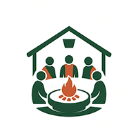 Green and terracotta icon of five people seated in a circle around a glowing outdoor fire pit underneath a house roof outline.