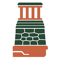 Green and terracotta icon of a stone-built outdoor fireplace with a tall chimney structure.
