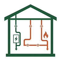 Green and terracotta icon of a house cross-section illustrating utility connections, including electrical power and gas piping with a flame symbol.